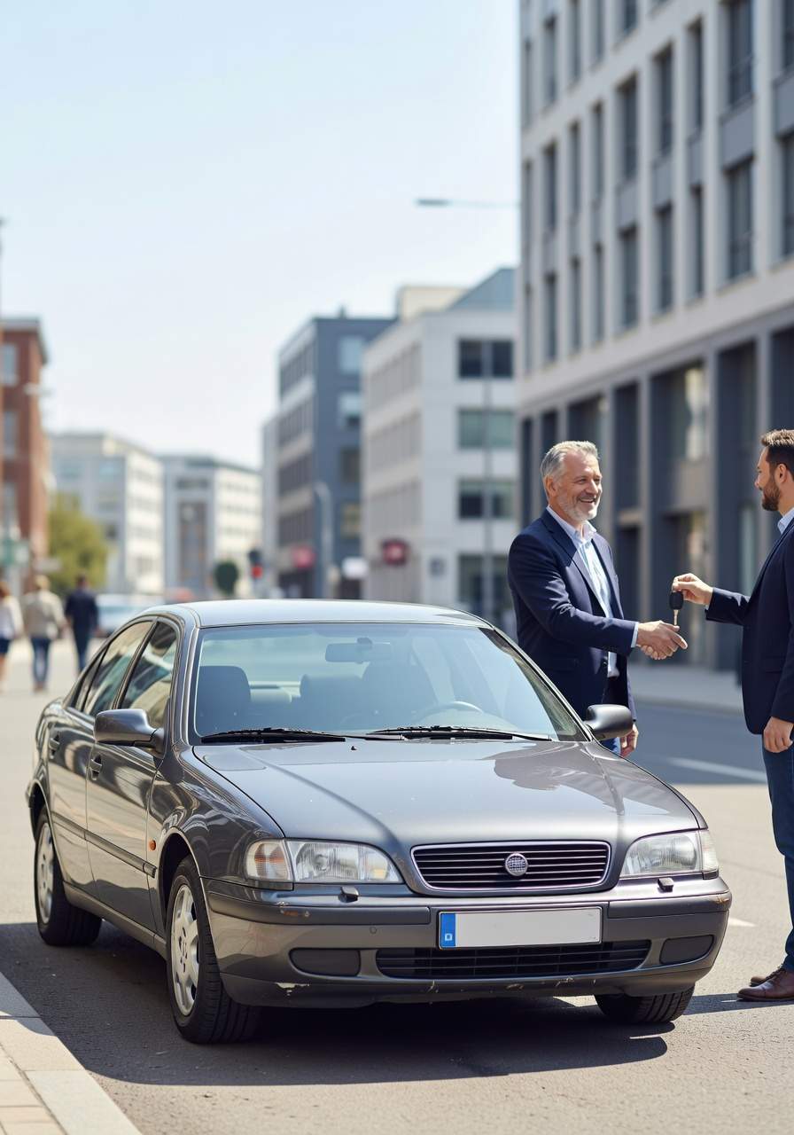 Team in Reken, ein erfahrener Fahrzeugexperte aus Reken nimmt das Fahrzeug eines zufriedenen Kunden ab. Seitlich steht der Wagen neben beiden.